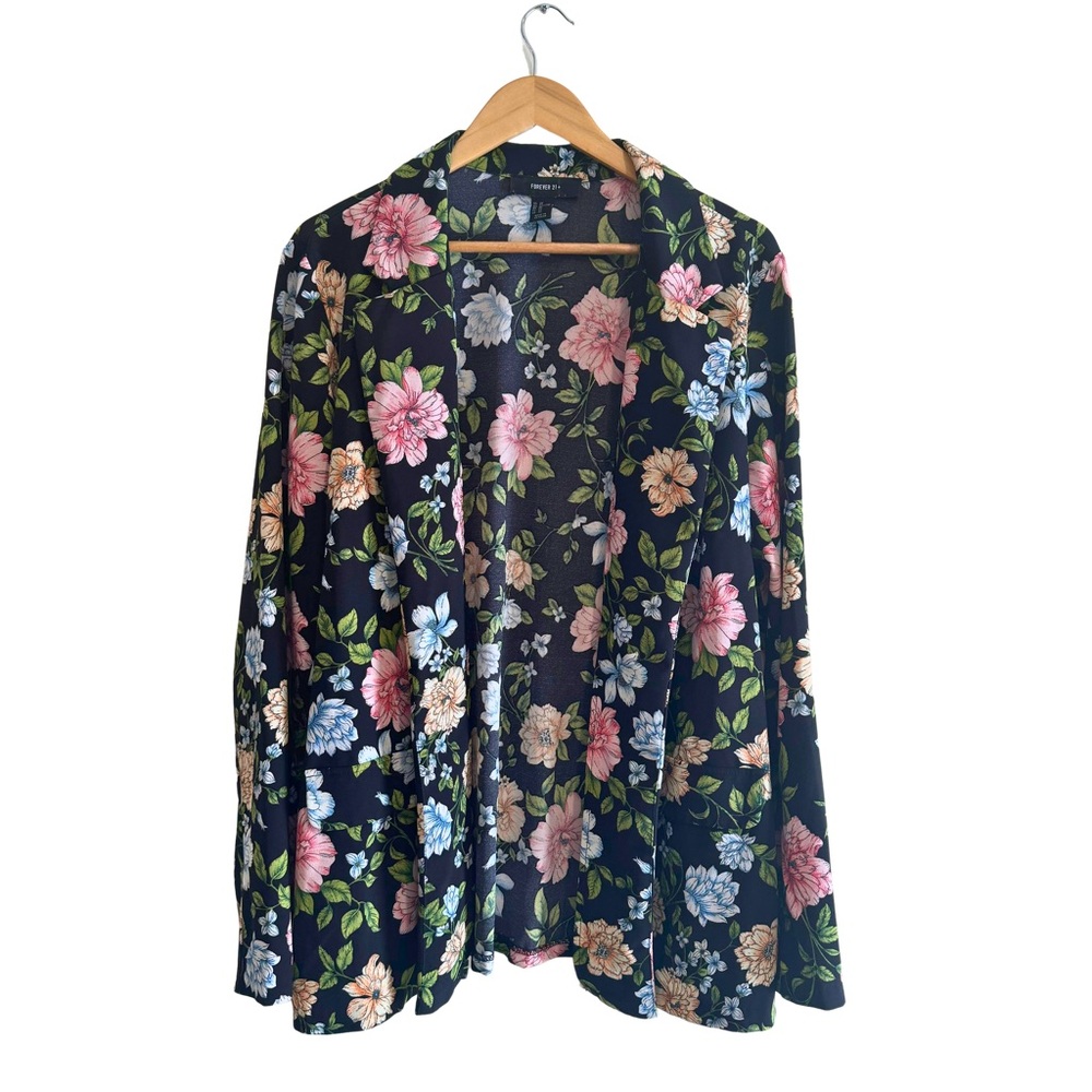Forever 21 Plus Black & Multicolor Floral Lightweight Blazer